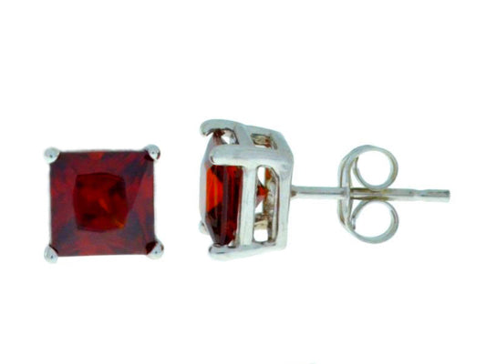 14Kt White Gold Garnet Princess Cut Stud Earrings