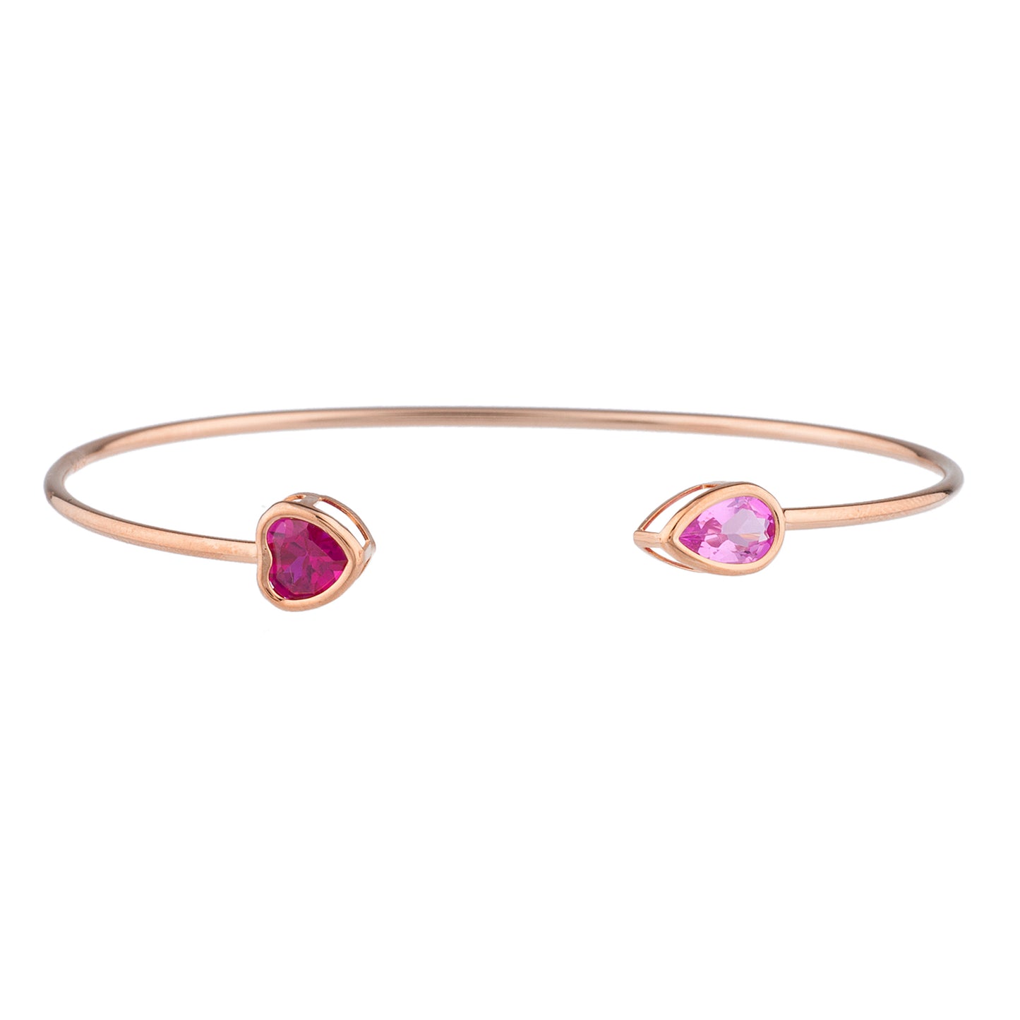 Created Ruby Heart & Pink Sapphire Pear Bezel Bangle Bracelet 14Kt Rose Gold Plated Over .925 Sterling Silver