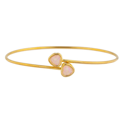 14Kt Yellow Gold Plated Pink Opal Heart Bezel Bangle Bracelet