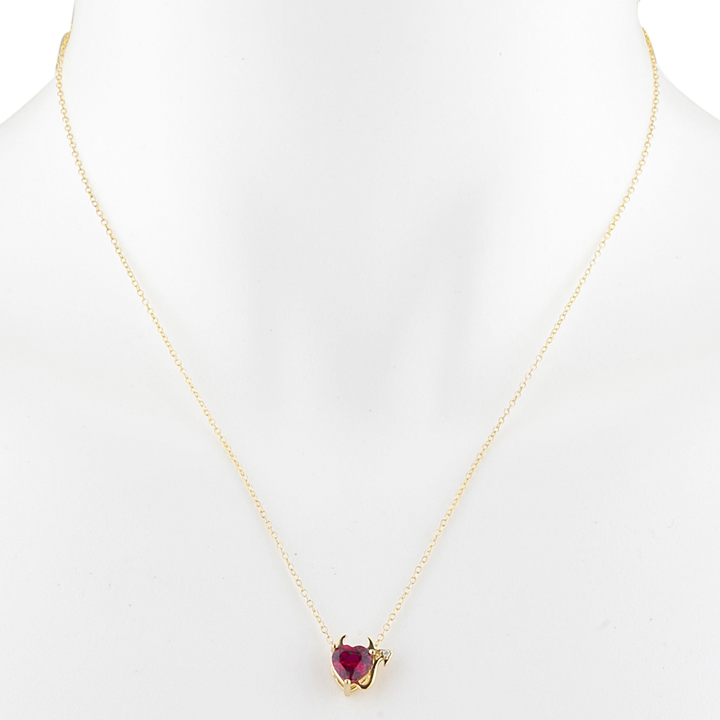 14Kt Gold 1.5 Ct Created Ruby & Diamond Devil Heart Pendant Necklace
