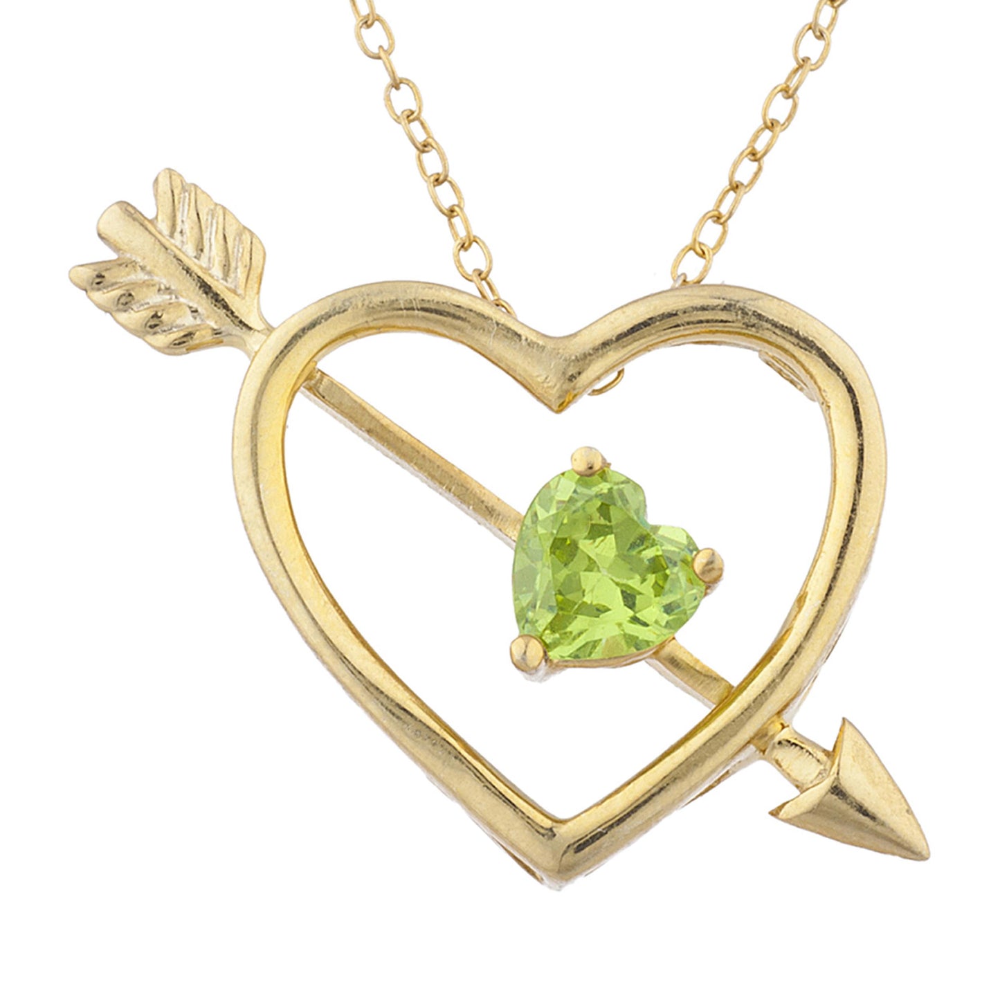 14Kt Gold Peridot Heart Bow & Arrow Pendant Necklace