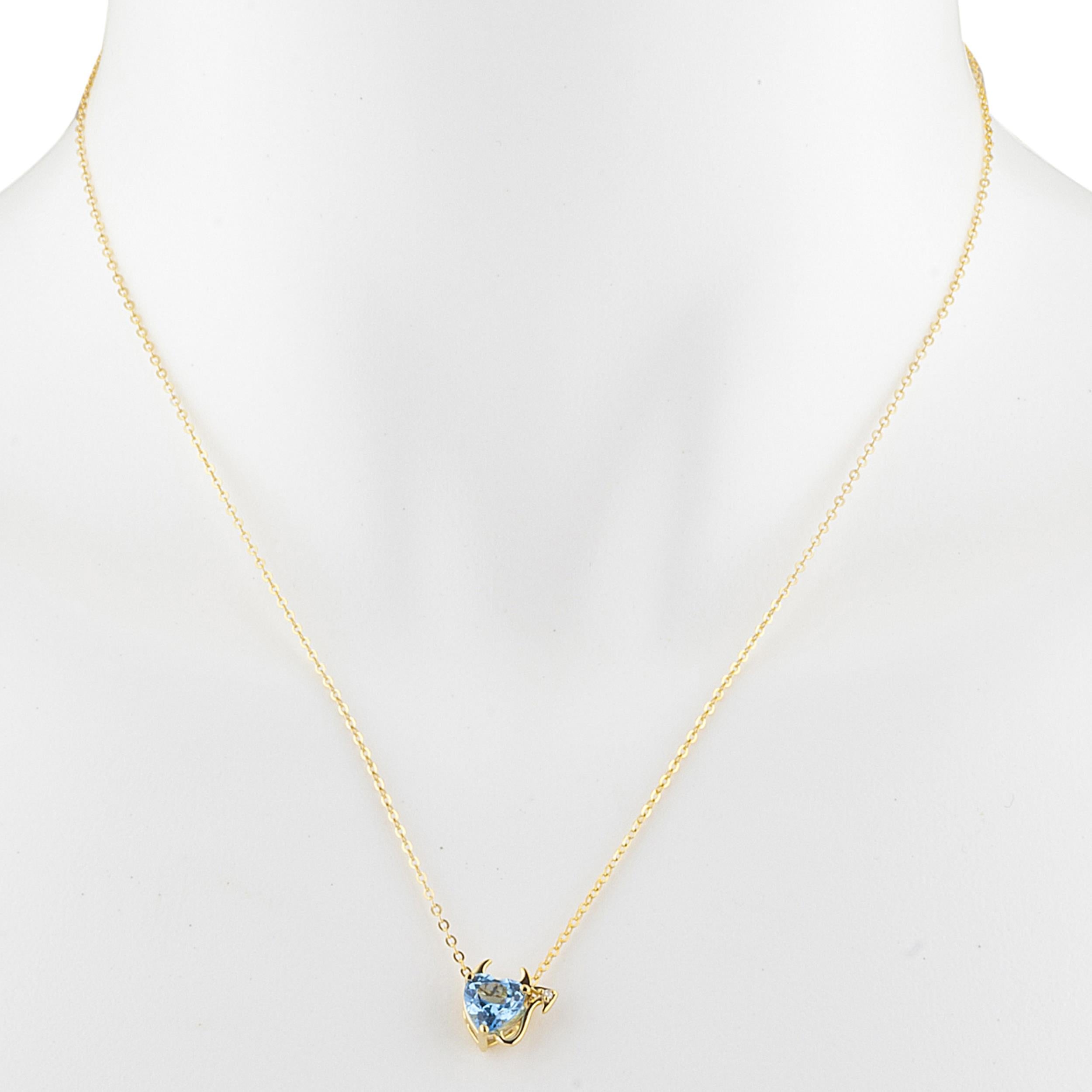 14Kt Gold 1.5 Ct Blue Topaz & Diamond Devil Heart Pendant Necklace