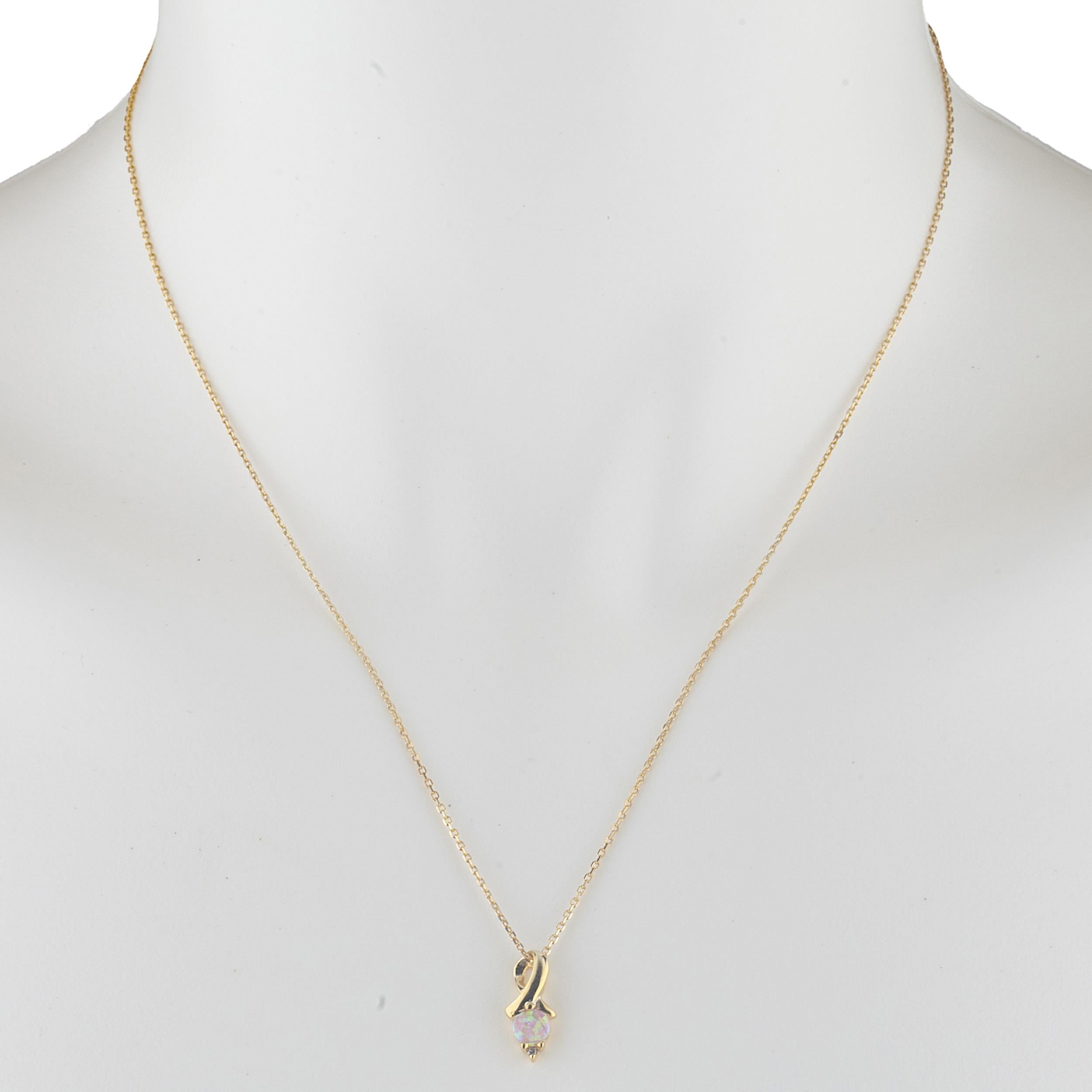 14Kt Gold Pink Opal & Diamond Round Design Pendant Necklace