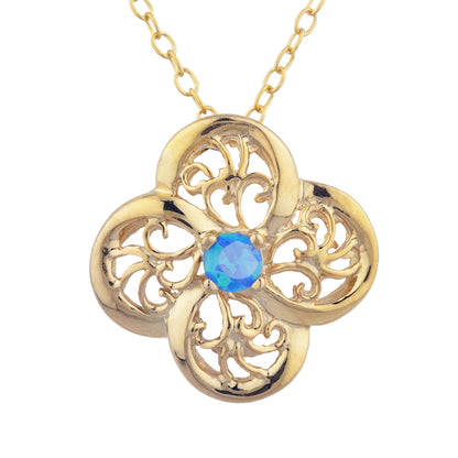 14Kt Gold Blue Opal Clover Design Pendant Necklace