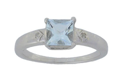 1 Ct Genuine Aquamarine & Diamond Princess Cut Ring .925 Sterling Silver Rhodium Finish