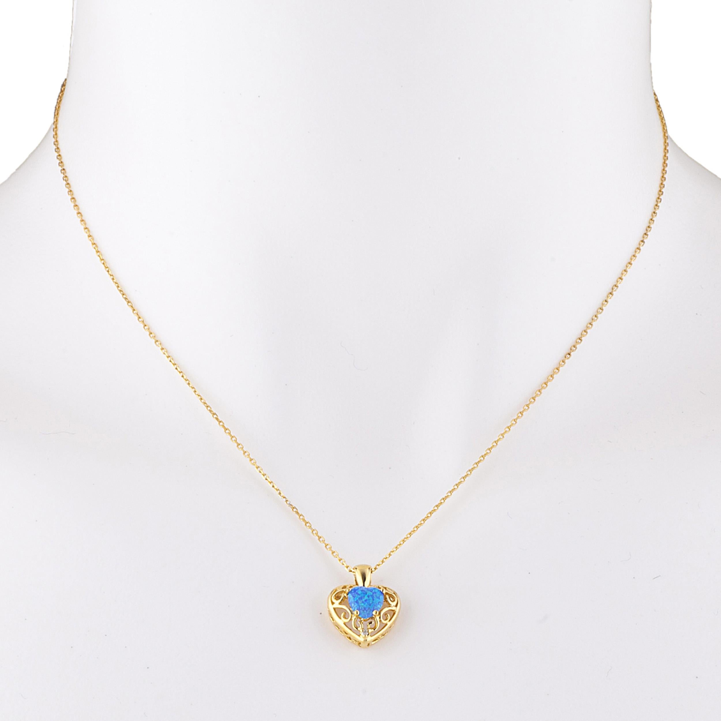 14Kt Gold Blue Opal & Diamond Heart LOVE ENGRAVED Pendant Necklace