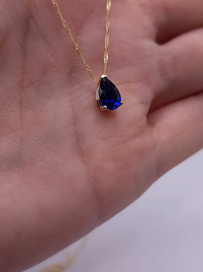 14Kt Gold Blue Sapphire Teardrop Pendant Necklace