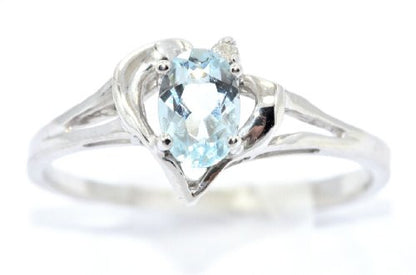 0.50 Ct Genuine Aquamarine & Diamond Oval Heart Ring .925 Sterling Silver Rhodium Finish