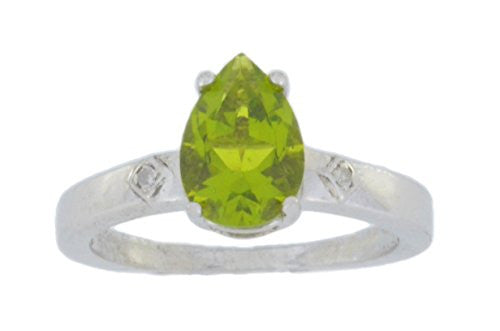 2 Ct Peridot & Diamond Pear Ring .925 Sterling Silver Rhodium Finish