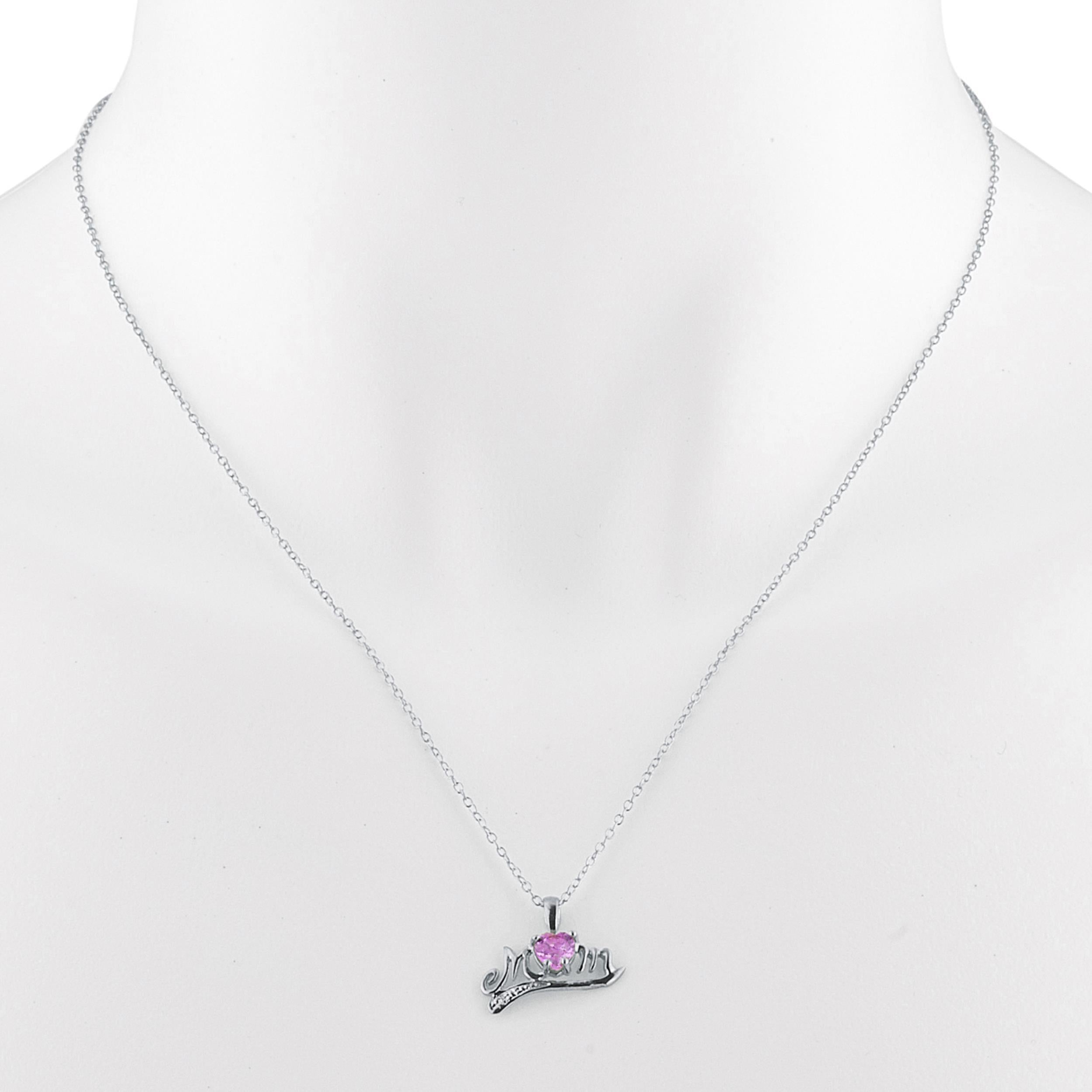 14Kt Gold Pink Sapphire & Diamond Heart Mom Pendant Necklace