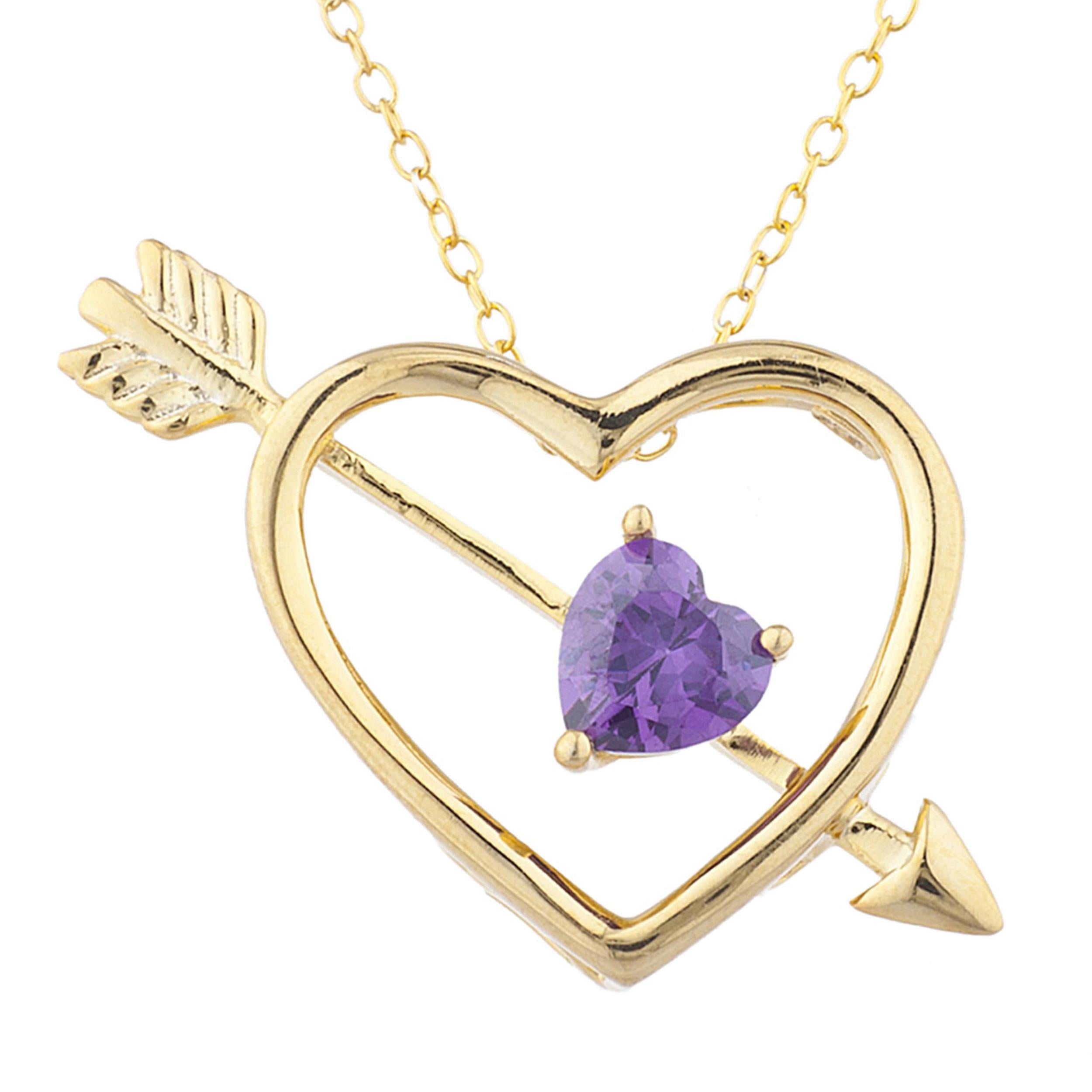 14Kt Gold Amethyst Heart Bow & Arrow Pendant Necklace