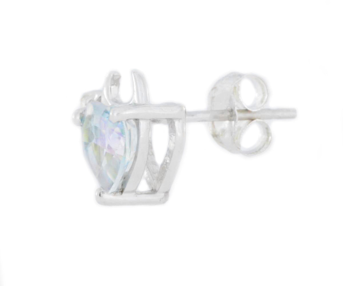 Natural Blue Mystic Topaz & Diamond Devil Heart Stud Earrings .925 Sterling Silver