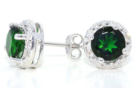 2 Ct Emerald & Diamond Round Stud Earrings 14Kt White Gold