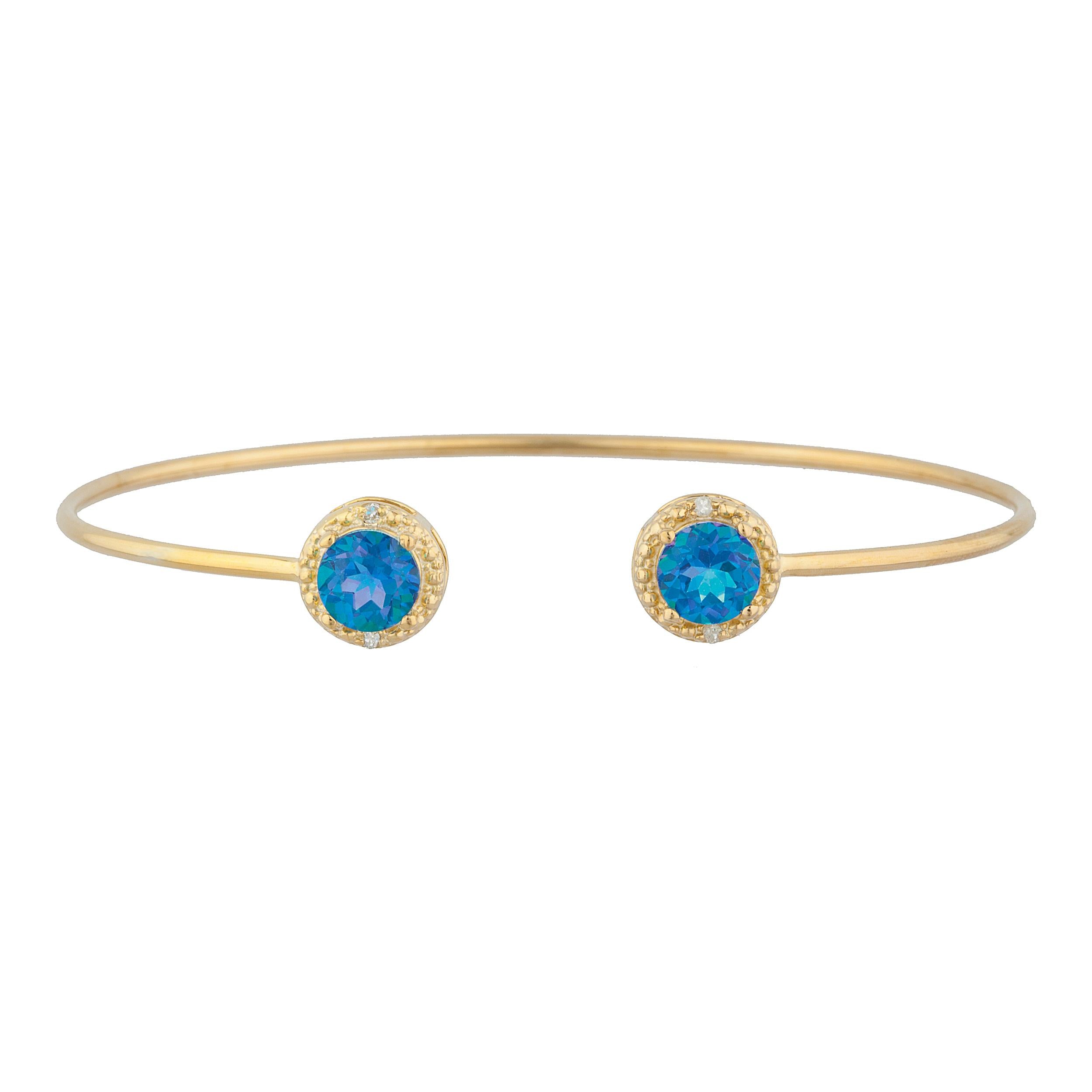 14Kt Gold Natural Blue Mystic Topaz & Diamond Round Bangle Bracelet