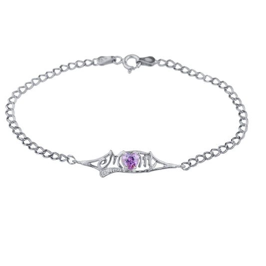 Amethyst & Diamond Heart Mom Bracelet .925 Sterling Silver