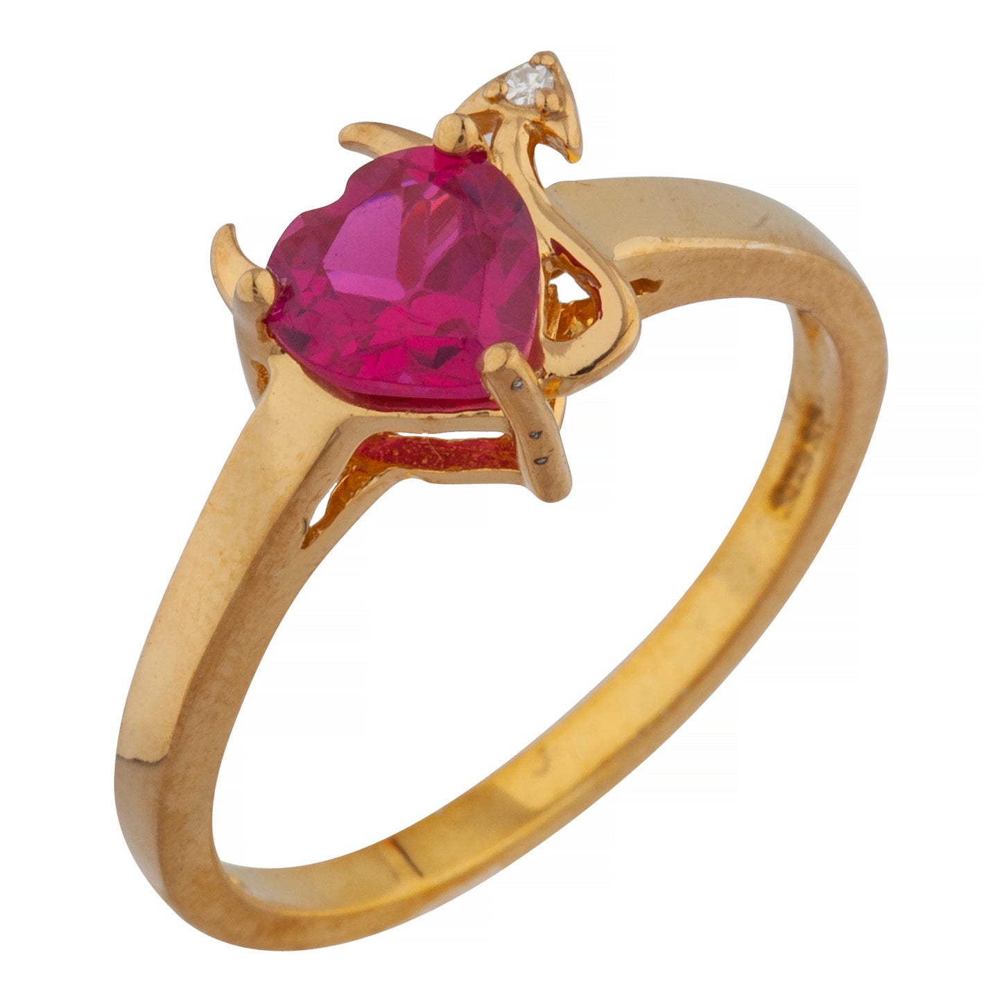 Created Ruby & Diamond Devil Heart Ring 14Kt Yellow Gold Rose Gold Silver