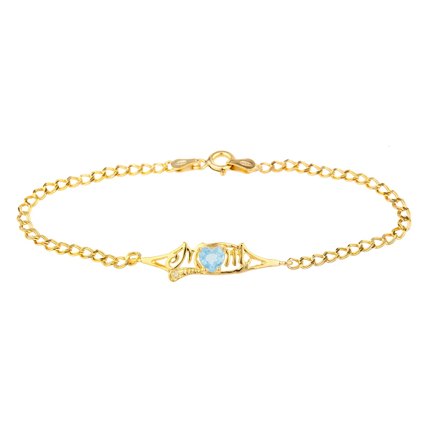 Blue Topaz & Diamond Heart Mom Bracelet 14Kt Yellow Gold Plated Over .925 Sterling Silver