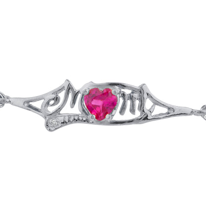 Created Ruby & Diamond Heart Mom Bracelet .925 Sterling Silver