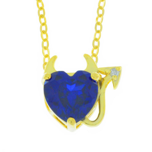 14Kt Yellow Gold Plated Blue Sapphire & Diamond Devil Heart Pendant