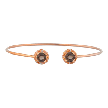 14Kt Rose Gold Plated Genuine Smoky Topaz & Diamond Round Bangle Bracelet