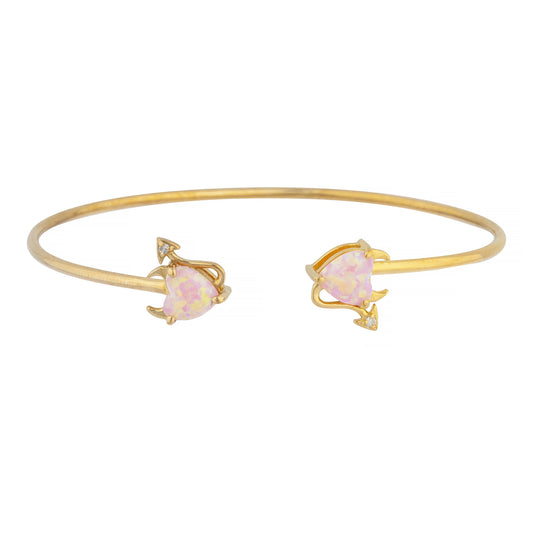 14Kt Gold Pink Opal & Diamond Devil Heart Bangle Bracelet