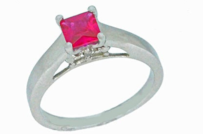 0.50 Ct Created Ruby & Diamond Princess Cut Ring .925 Sterling Silver Rhodium Finish