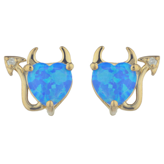 14Kt Gold Blue Opal & Diamond Devil Heart Stud Earrings