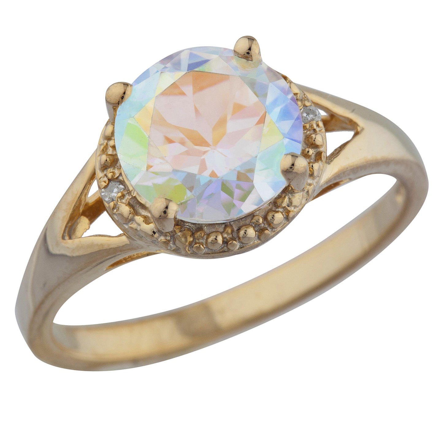 14Kt Gold 2 Ct Natural Mercury Mist Mystic Topaz & Diamond Halo Design Round Ring