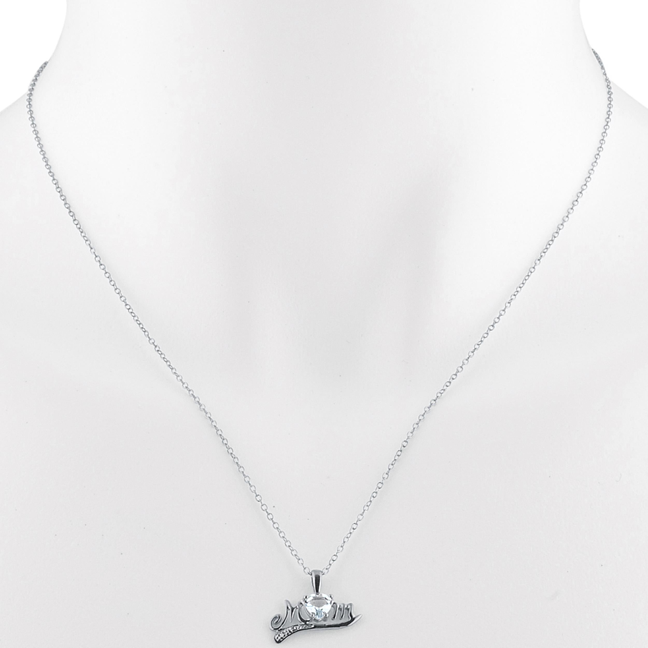 14Kt Gold Genuine Aquamarine & Diamond Heart Mom Pendant Necklace