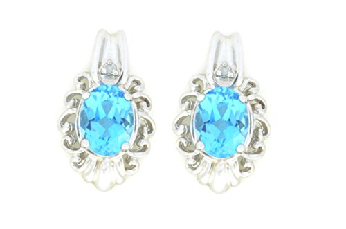 3 Ct Blue Topaz & Diamond Oval Stud Earrings .925 Sterling Silver