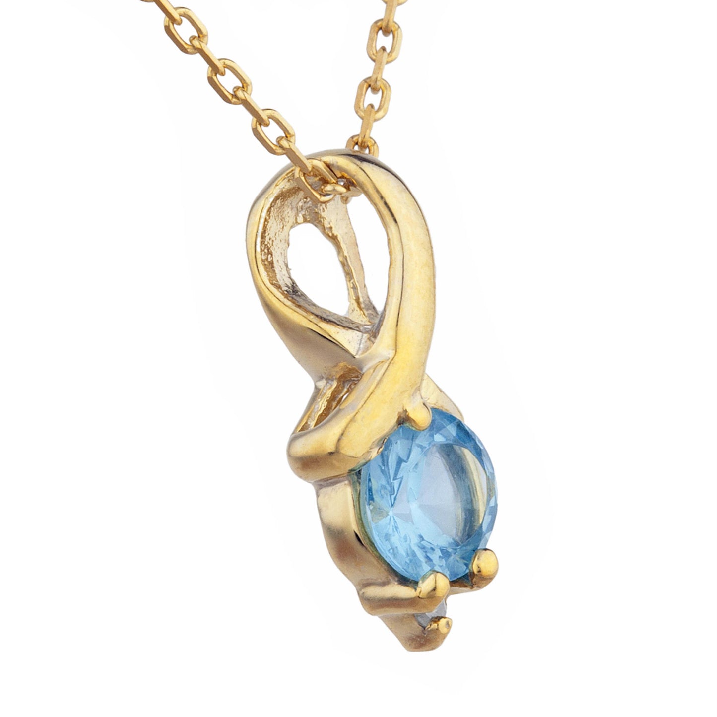 14Kt Gold Blue Topaz & Diamond Round Design Pendant Necklace