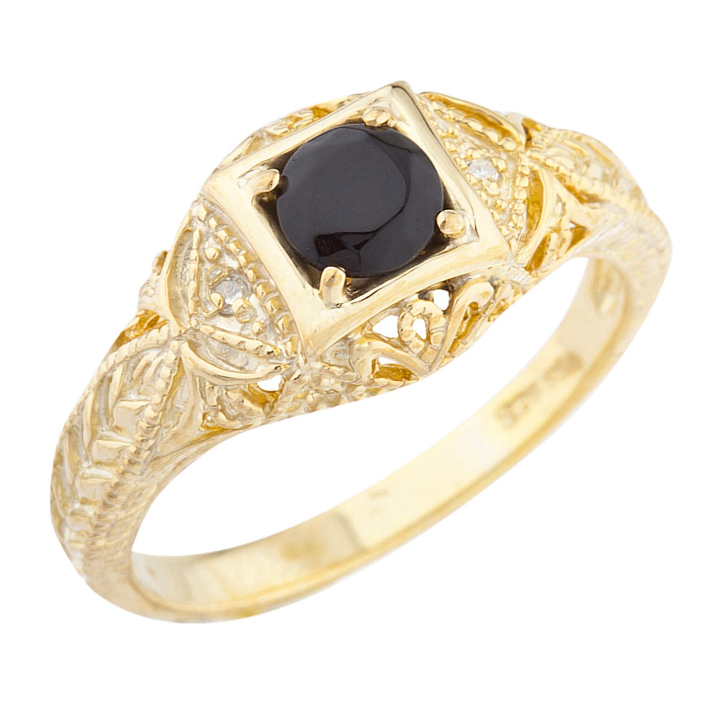 14Kt Gold Genuine Black Onyx & Diamond Design Round Ring