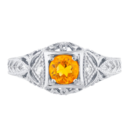 14Kt Gold Orange Citrine & Diamond Design Round Ring