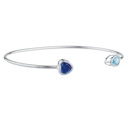 Blue Sapphire Heart & Blue Topaz Pear Bezel Bangle Bracelet .925 Sterling Silver Rhodium Finish