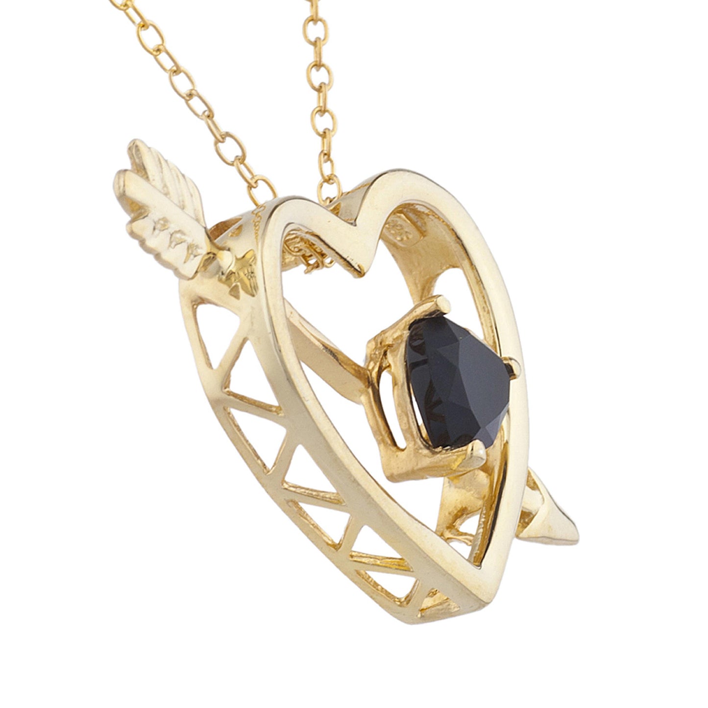 14Kt Gold Genuine Black Onyx Heart Bow & Arrow Pendant Necklace