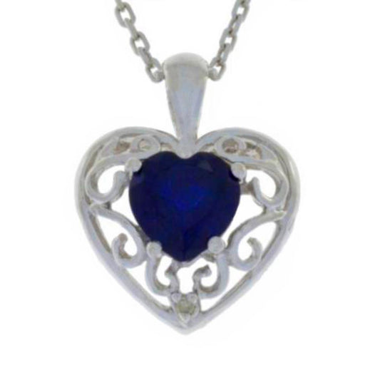 1 Ct Blue Sapphire & Diamond Heart Love Engraved Pendant .925 Sterling Silver Rhodium Finish