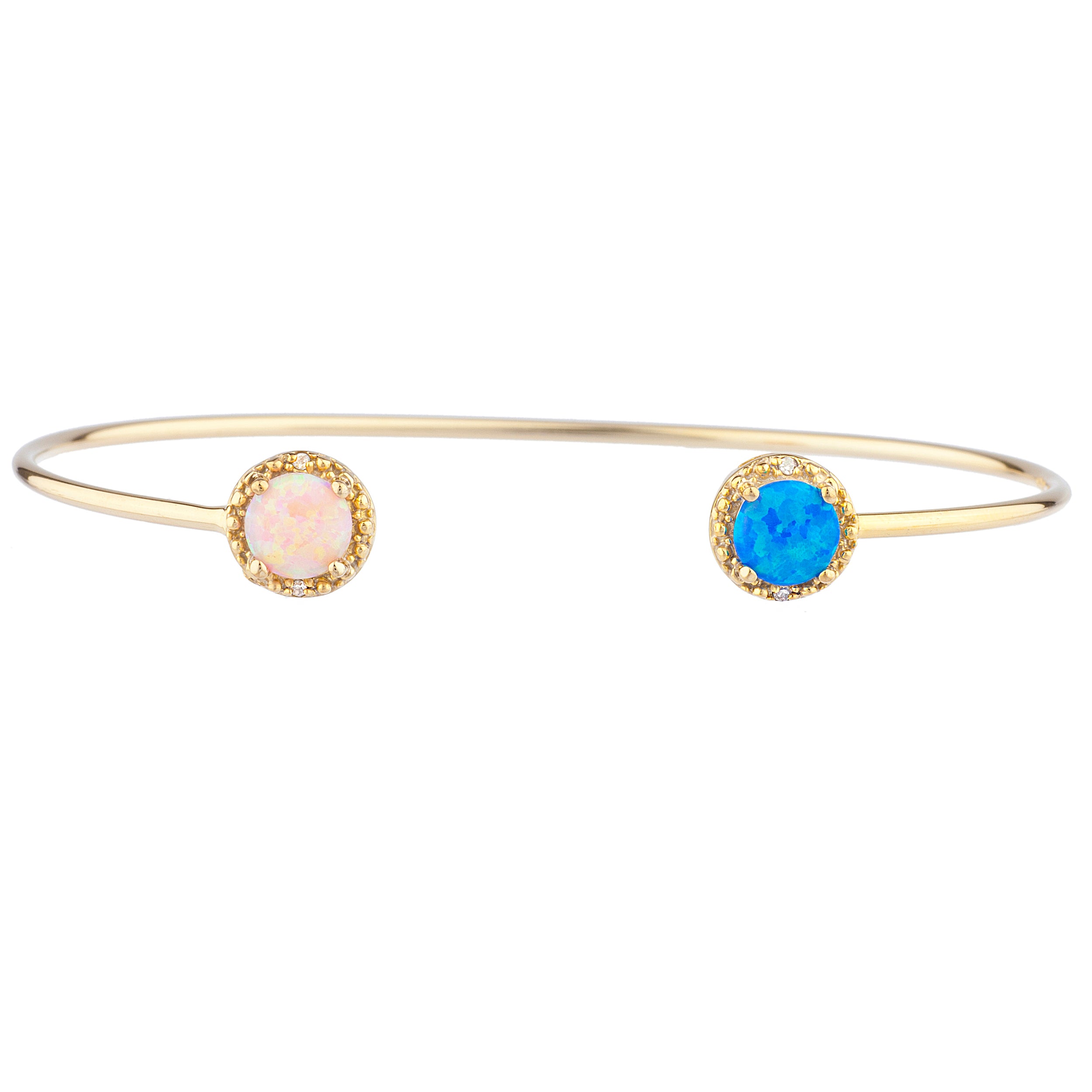 14Kt Gold Blue & Pink Opal Diamond Round Bangle Bracelet