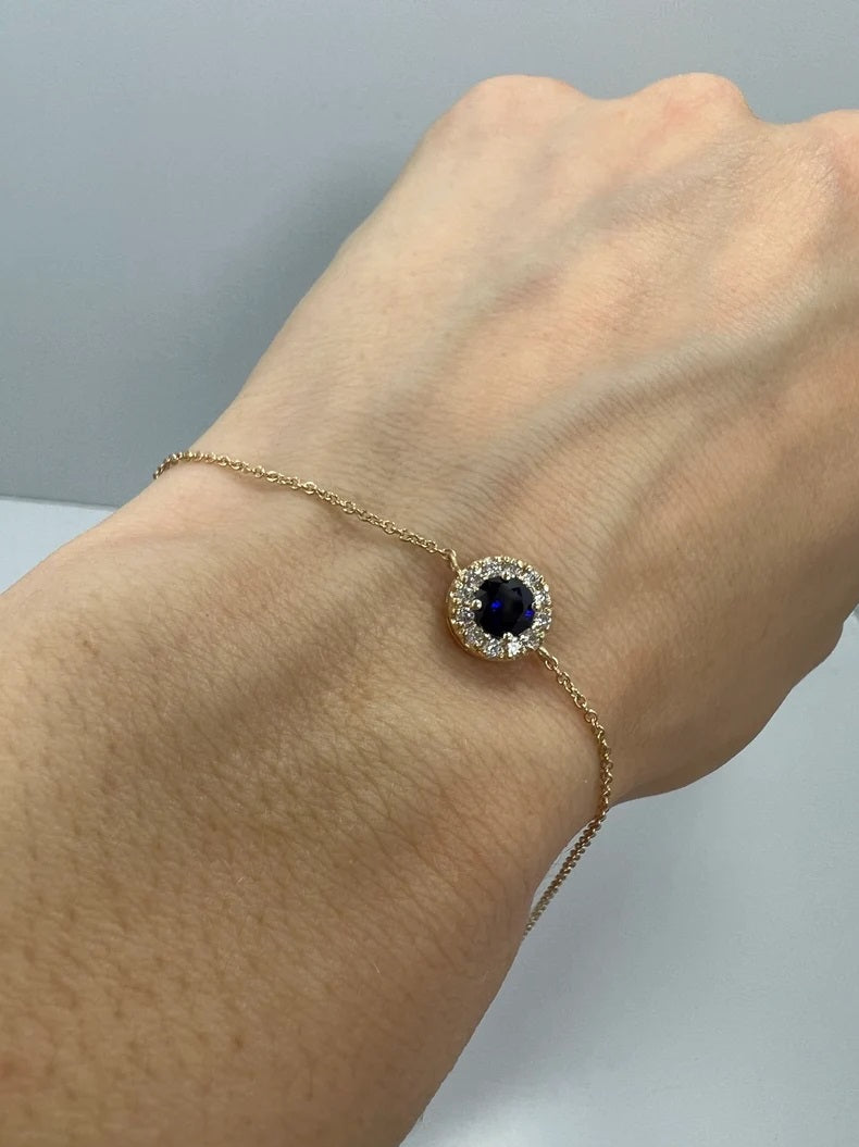 14Kt Gold Blue Sapphire Halo Bracelet