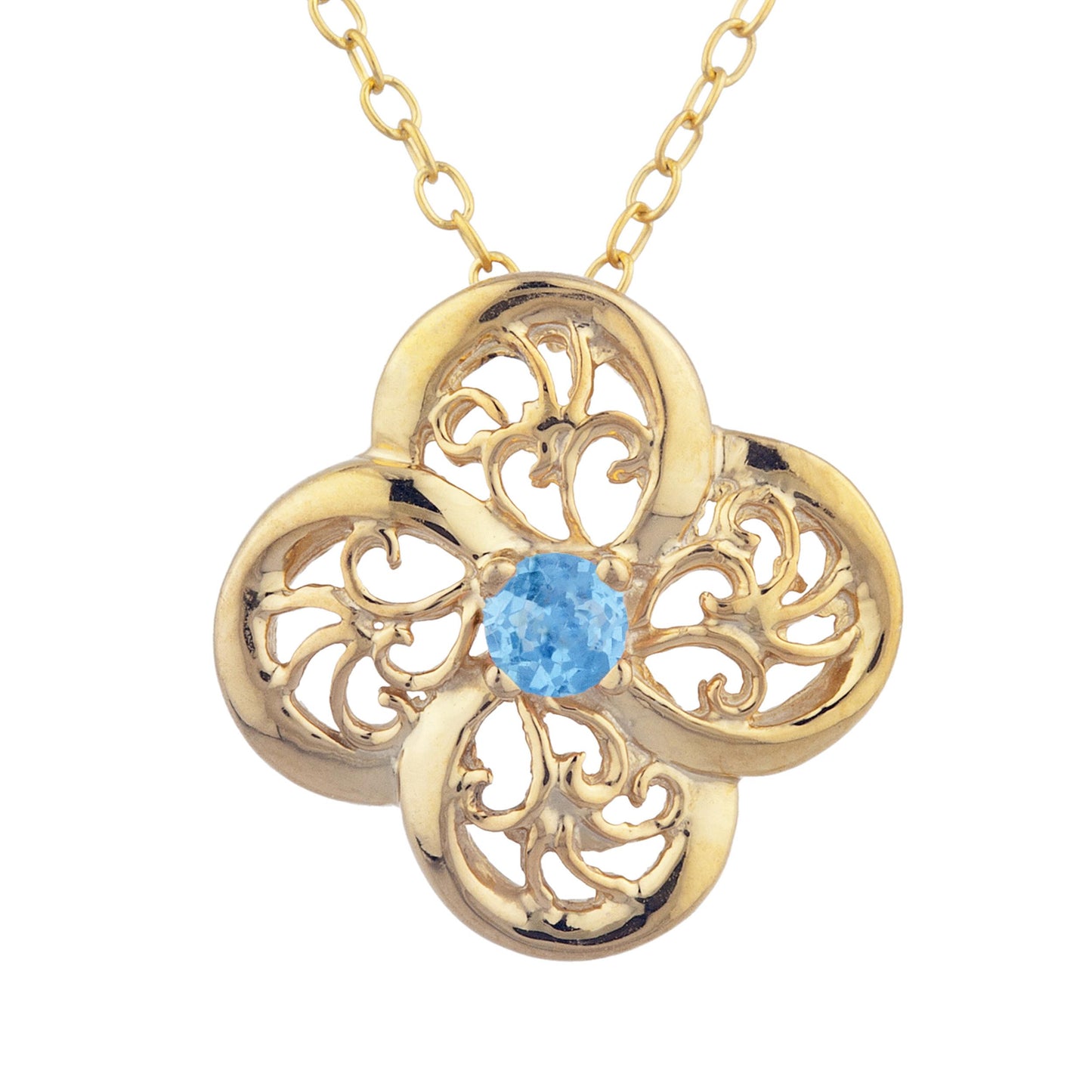 14Kt Gold Blue Topaz Clover Design Pendant Necklace