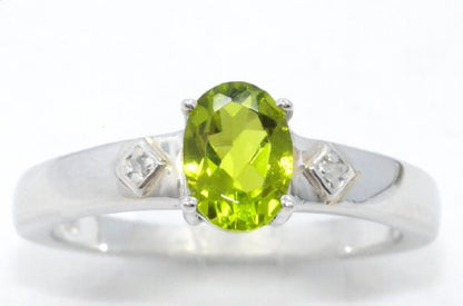 1 Ct Peridot & Diamond Oval Ring .925 Sterling Silver Rhodium Finish