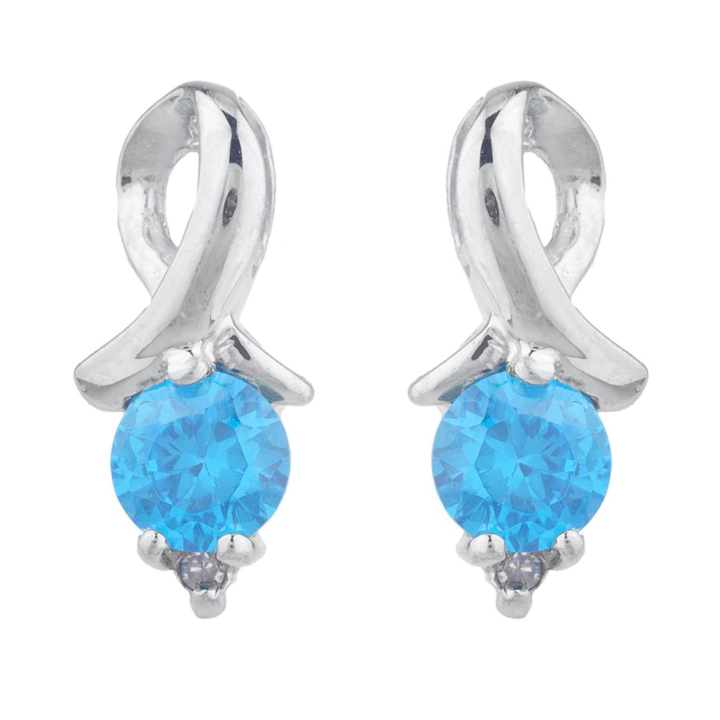 14Kt Gold Swiss Blue Topaz & Diamond Round Design Stud Earrings