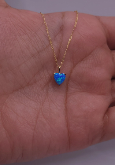 14Kt Gold Blue Opal Heart Pendant Necklace