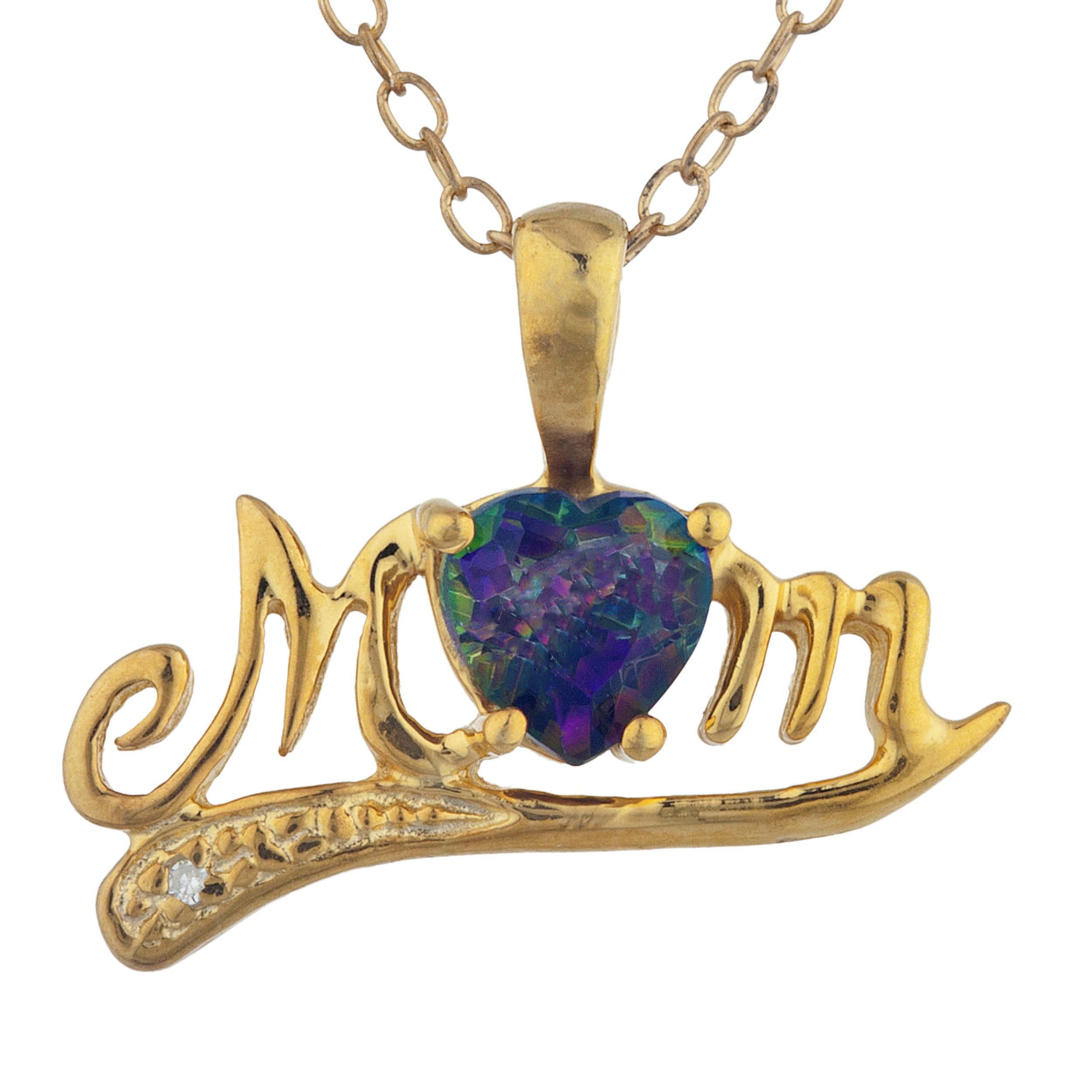 14Kt Gold Natural Mystic Topaz & Diamond Heart Mom Pendant Necklace
