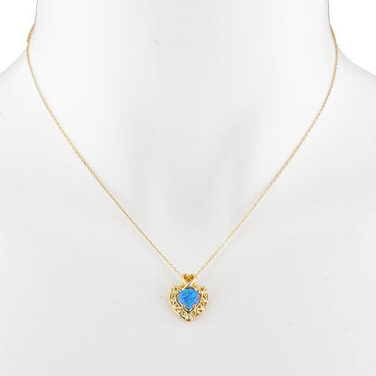 14Kt Gold Blue Opal Heart Design Pendant Necklace