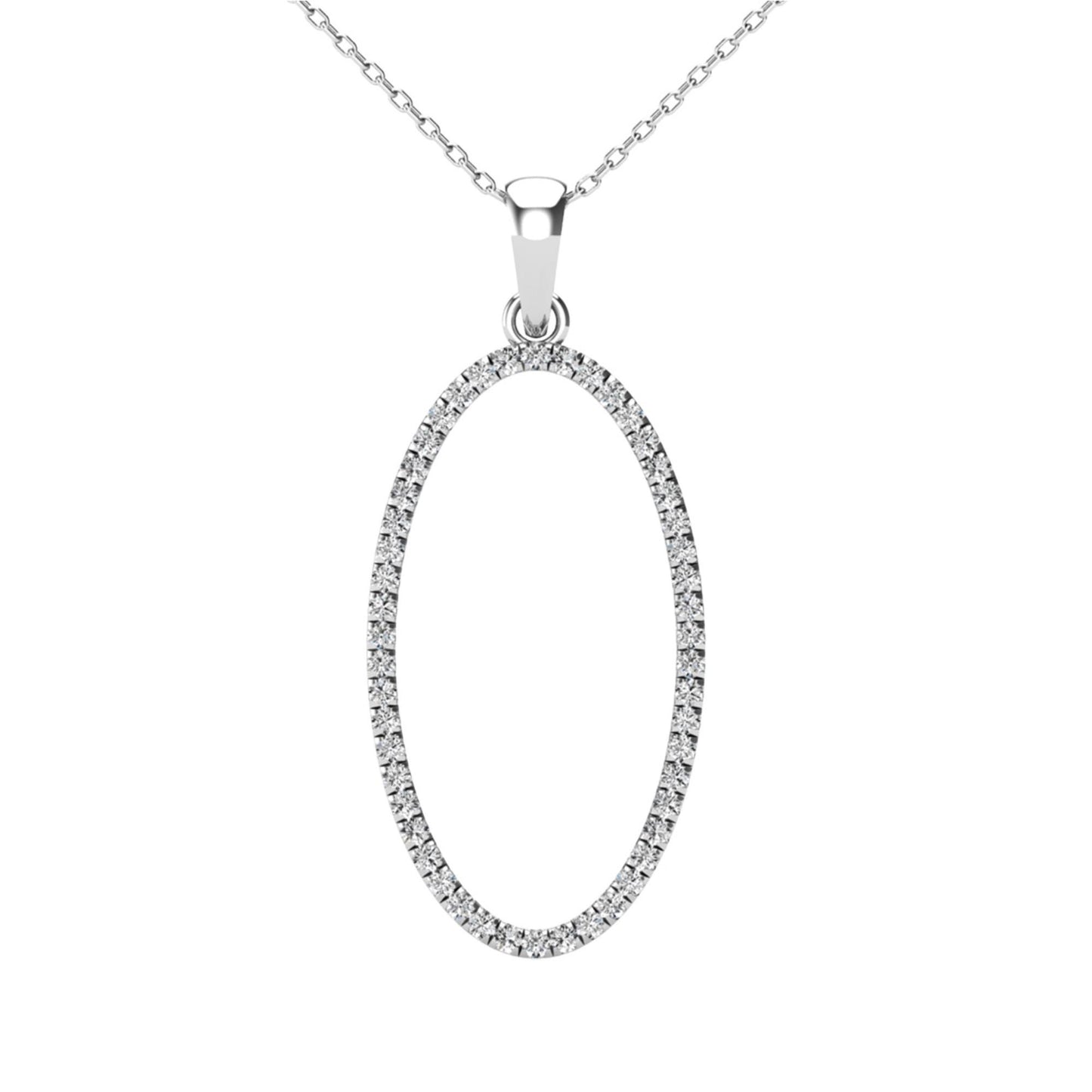 14Kt White Gold 0.21 Ct Genuine Natural Diamond Open Oval Shape Pendant Necklace