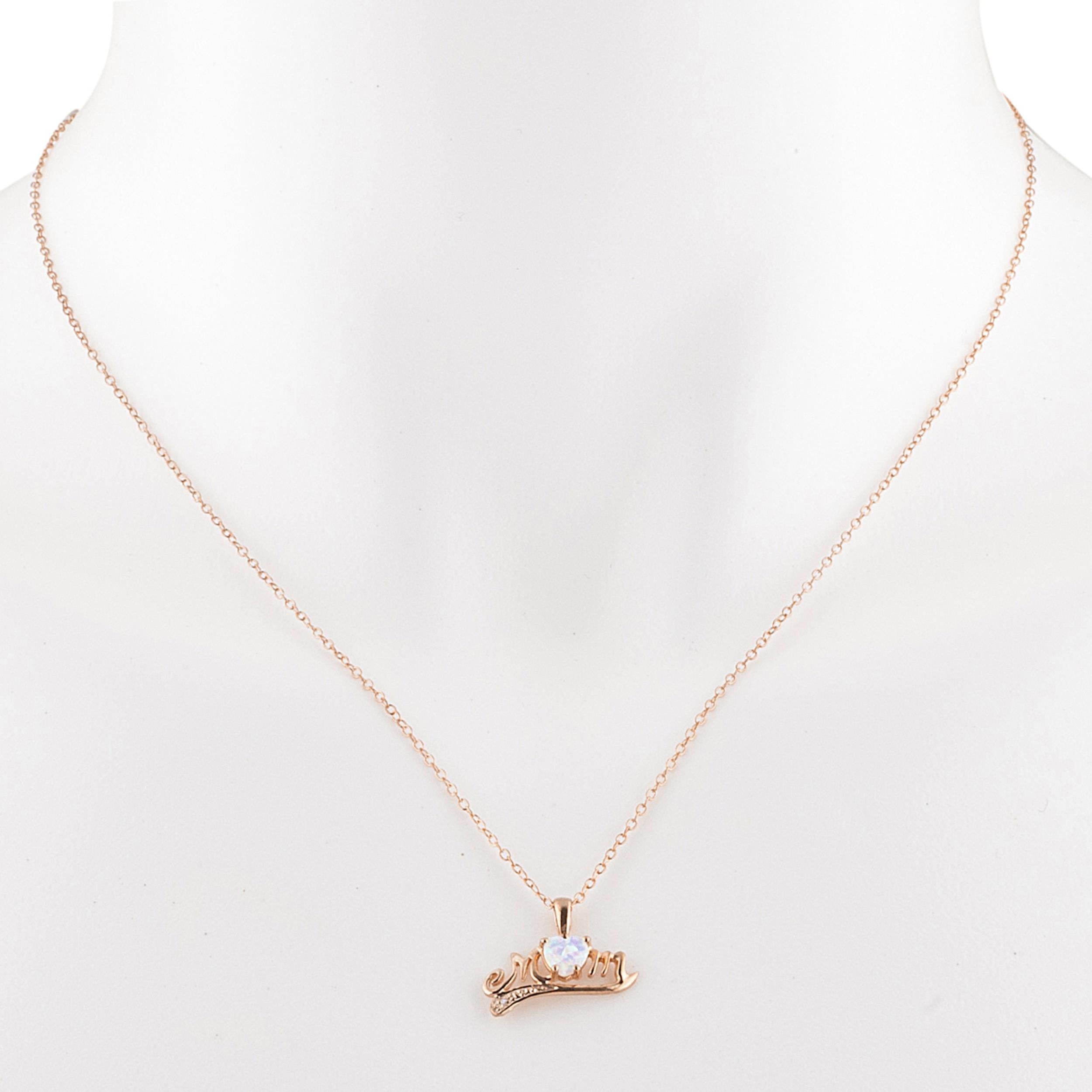 14Kt Gold Genuine Opal & Diamond Heart Mom Pendant Necklace