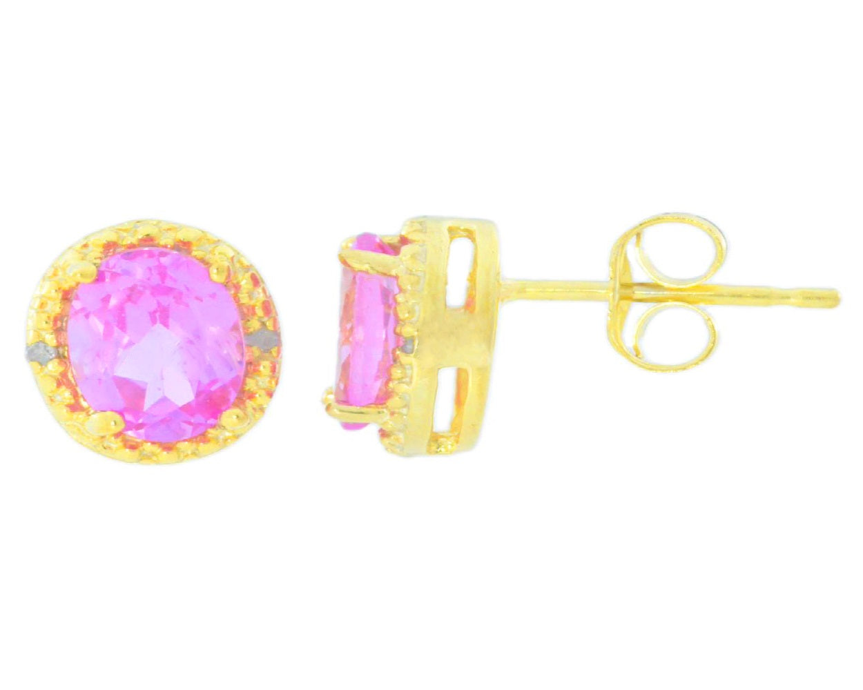 2 Ct Pink Sapphire & Diamond Round Stud Earrings 14Kt Yellow Gold