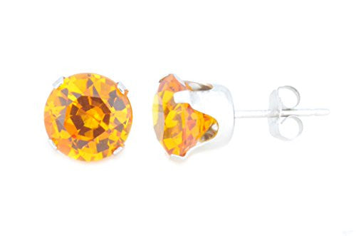 Citrine Round Stud Earrings .925 Sterling Silver Rhodium Finish