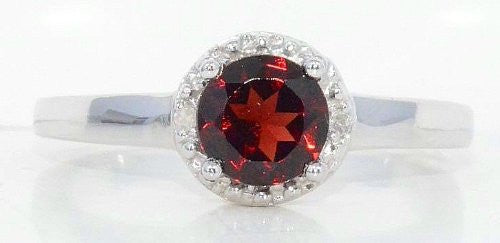 1 Ct Garnet & Diamond Round Ring .925 Sterling Silver Rhodium Finish