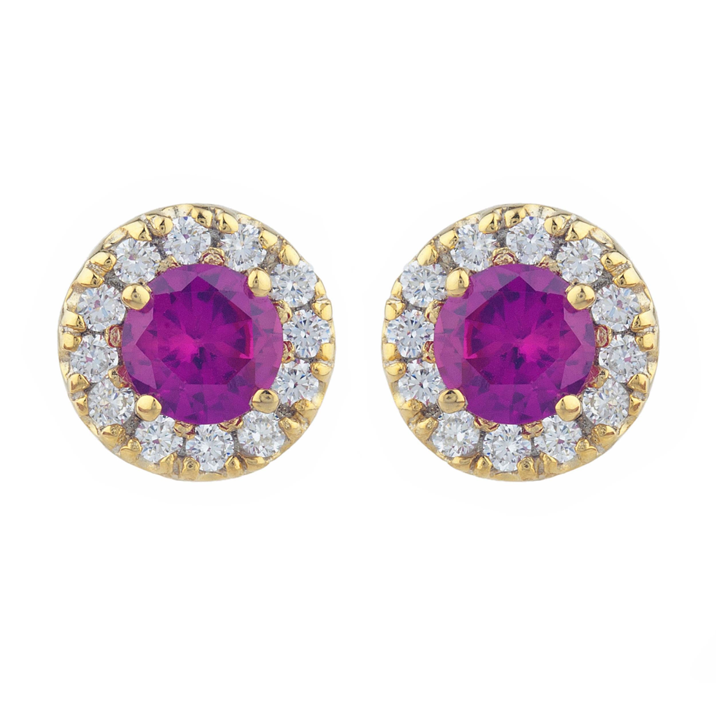 14Kt Gold 1 Ct Created Ruby Halo Design Stud Earrings